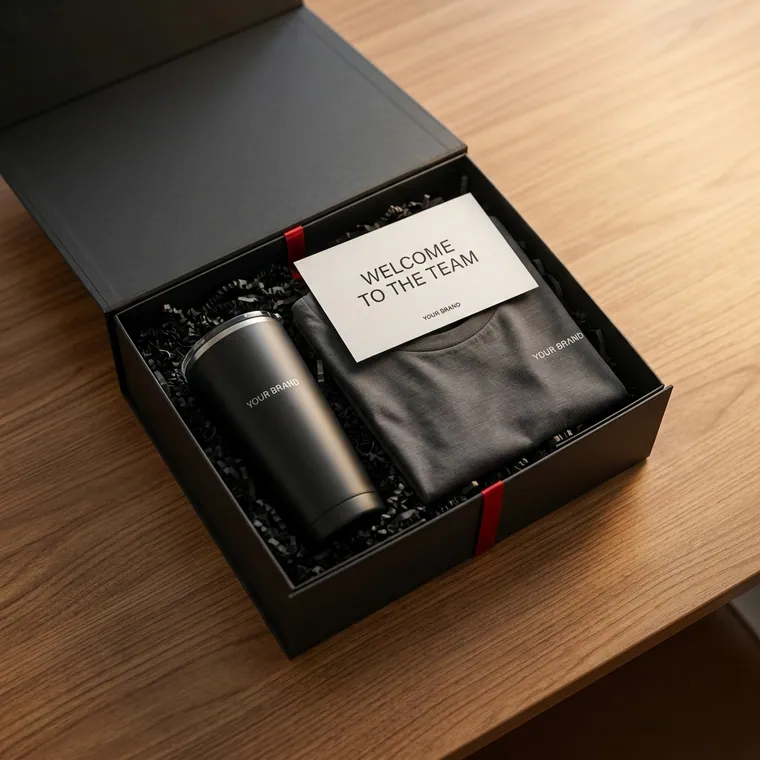An open branded welcome kit box
