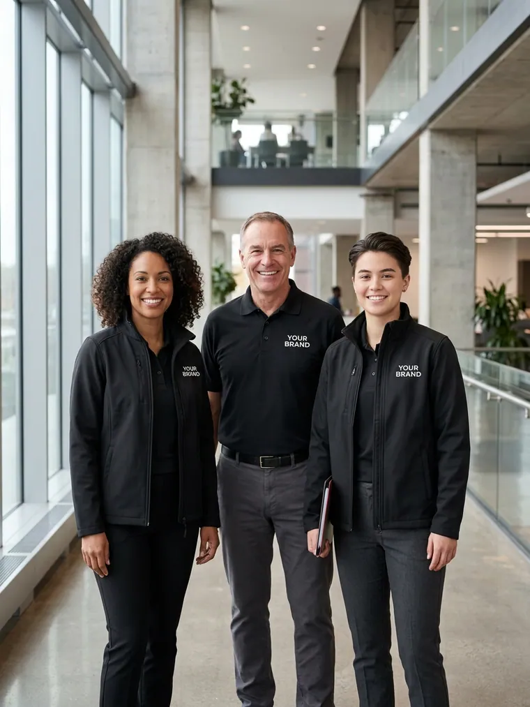Colleagues wearing matching branded apparel in a modern office