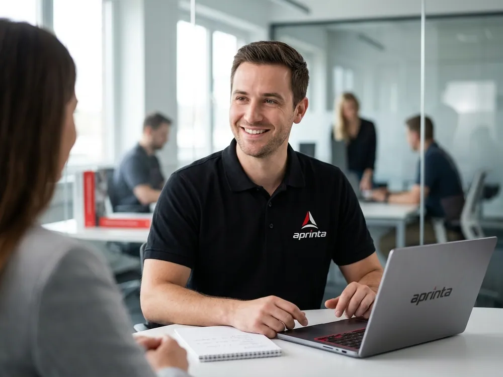 An aprinta Brand Manager meeting with a client