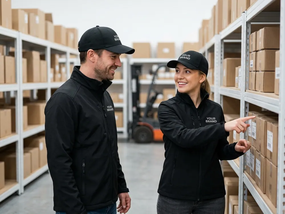 Team members in branded company apparel