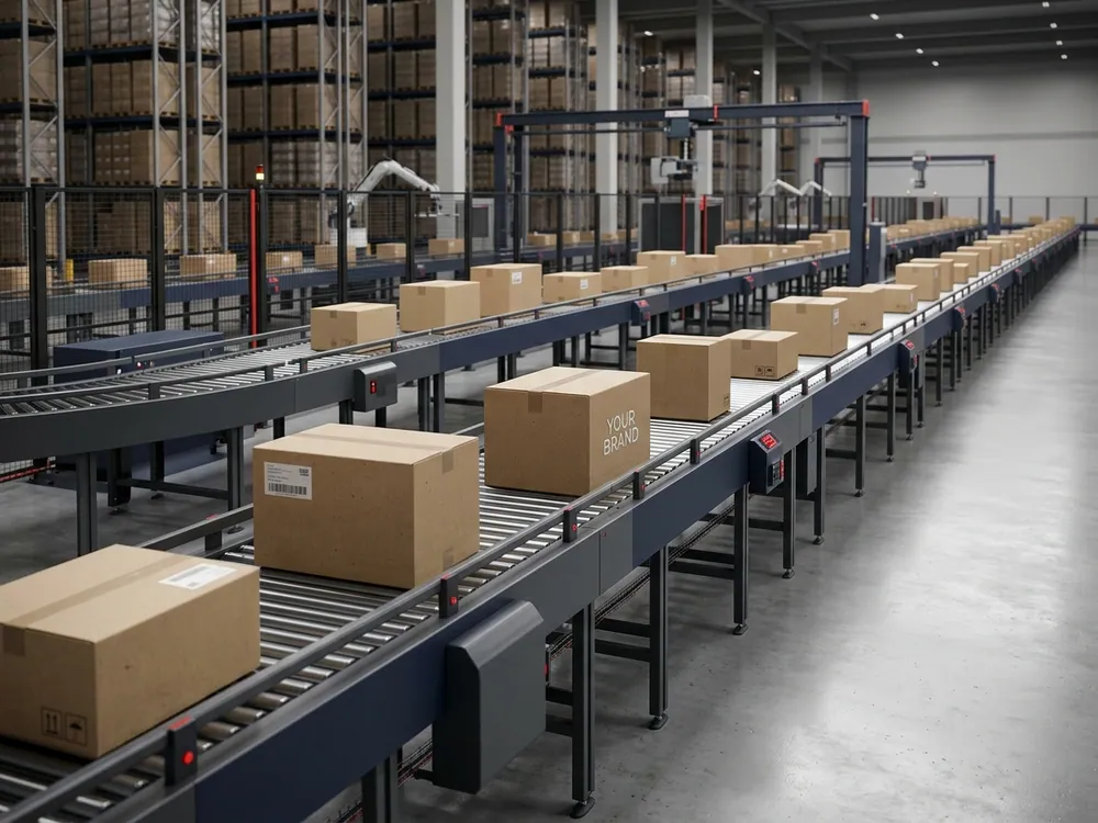 Distribution center conveyor with boxes